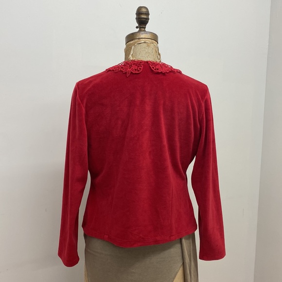Handmade cardigan vest red velvet with lace - Picture 2 of 4